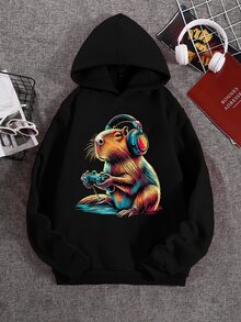SHEIN 男女童時尚彩色耳機水豚動物造型簡約圖案印花基礎連帽衛衣 秋冬舒適穿搭 - 黑色 - 查看 4