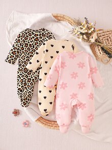 SHEIN 新生兒嬰兒單排扣圓領長袖連身衣 幼兒米色黑色粉色 秋冬可愛女嬰家庭套裝外出穿搭 - 彩色 - 查看 3