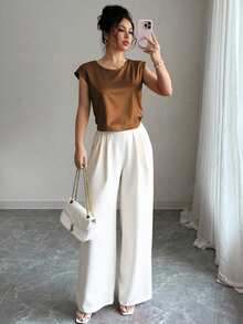 SHEIN Raffinéa Women's Elegant Fashion Round Neck Cap Sleeve Top And Pleated Wide Leg Pants 2 Pieces Set Clothes For University - Multicolor - View 3
