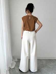 SHEIN Raffinéa Women's Elegant Fashion Round Neck Cap Sleeve Top And Pleated Wide Leg Pants 2 Pieces Set Clothes For University - Multicolor - View 2