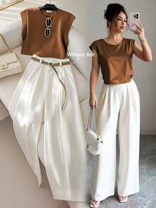 SHEIN Raffinéa Women's Elegant Fashion Round Neck Cap Sleeve Top And Pleated Wide Leg Pants 2 Pieces Set Clothes For University - Multicolor - View 1
