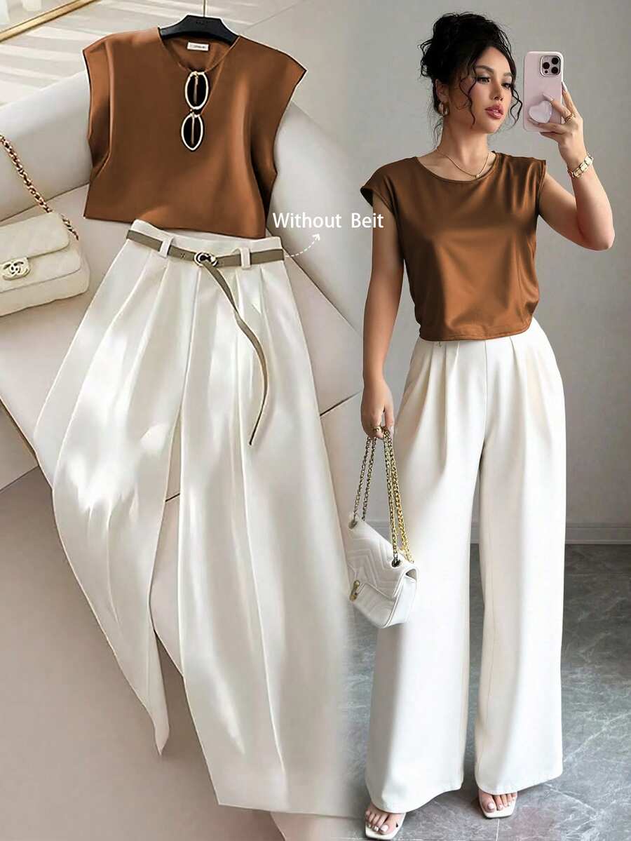 SHEIN Raffinéa Women's Elegant Fashion Round Neck Cap Sleeve Top And Pleated Wide Leg Pants 2 Pieces Set Clothes For University - Multicolor - View 1