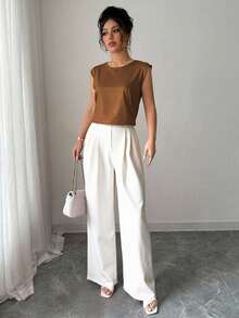 SHEIN Raffinéa Women's Elegant Fashion Round Neck Cap Sleeve Top And Pleated Wide Leg Pants 2 Pieces Set Clothes For University - Multicolor - View 4