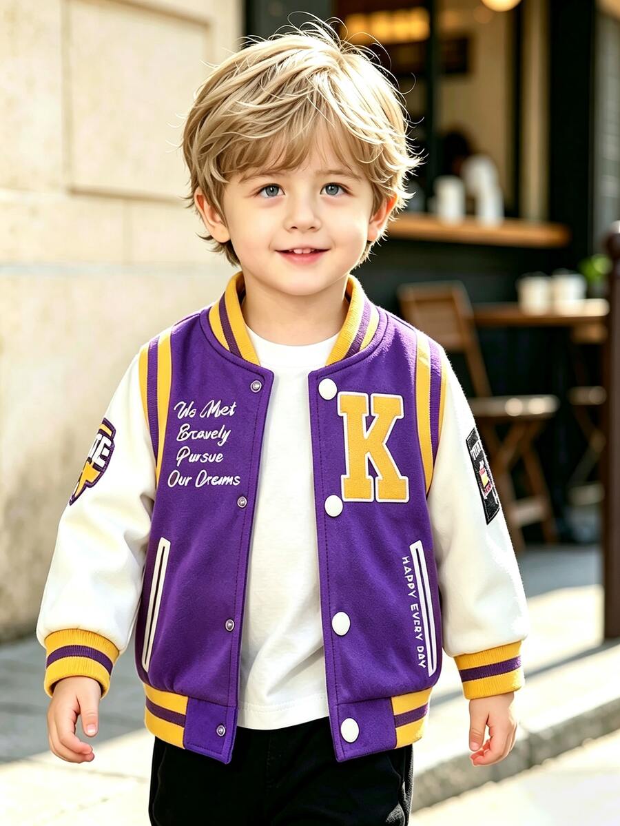 Baby Boys Varsity Baseball Jacket, Letter K Print Color Block Stand Collar Button Down Casual Sport Outerwear For Toddler Boys - Multicolor - View 1