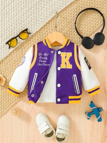 Baby Boys Varsity Baseball Jacket, Letter K Print Color Block Stand Collar Button Down Casual Sport Outerwear For Toddler Boys - Multicolor - View 7