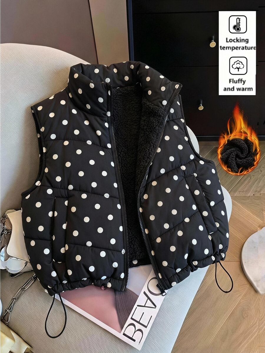 SHEIN EZwear 黑白波點編織無袖女款秋季外套，適合外出、日間與夜晚穿著，70年代復古休閒風