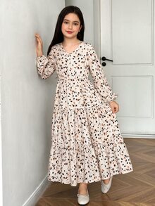 SHEIN 青少年女孩時尚簡約優雅休閒洋裝 豹紋長袖休閒洋裝 青少年女孩休閒時尚通勤立領喇叭下擺A字長洋裝 棕色洋裝 適合青少年女孩 14歲女孩休閒洋裝 - 彩色 - 查看 8