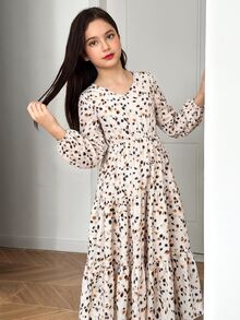 SHEIN 青少年女孩時尚簡約優雅休閒洋裝 豹紋長袖休閒洋裝 青少年女孩休閒時尚通勤立領喇叭下擺A字長洋裝 棕色洋裝 適合青少年女孩 14歲女孩休閒洋裝 - 彩色 - 查看 6