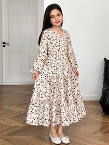 SHEIN 青少年女孩時尚簡約優雅休閒洋裝 豹紋長袖休閒洋裝 青少年女孩休閒時尚通勤立領喇叭下擺A字長洋裝 棕色洋裝 適合青少年女孩 14歲女孩休閒洋裝 - 彩色 - 查看 12