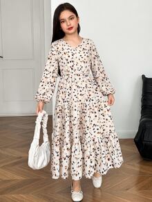 SHEIN 青少年女孩時尚簡約優雅休閒洋裝 豹紋長袖休閒洋裝 青少年女孩休閒時尚通勤立領喇叭下擺A字長洋裝 棕色洋裝 適合青少年女孩 14歲女孩休閒洋裝 - 彩色 - 查看 9