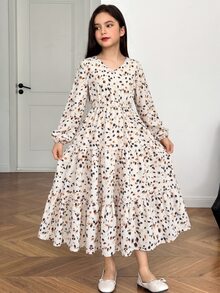 SHEIN 青少年女孩時尚簡約優雅休閒洋裝 豹紋長袖休閒洋裝 青少年女孩休閒時尚通勤立領喇叭下擺A字長洋裝 棕色洋裝 適合青少年女孩 14歲女孩休閒洋裝 - 彩色 - 查看 10