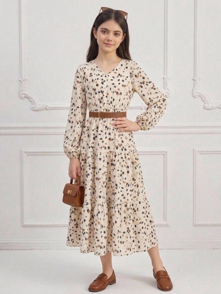 SHEIN Tween Girls Fashion Minimalist Elegant Casual Dress Leopard Print Long Sleeve Casual Dress Teenage Girls Casual Fashion Commute Stand Collar Flared Hem A-Line Long Dress, Brown Dress Suitable For Teenage Girls, Casual Dress For 14-Year-Old Girls - Multicolor - View 4