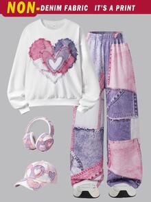 SHEIN Genkimix Kids 青少年女孩春秋冬季白色圓領愛心印花長袖運動衫與粉色紫色拼接數位印花寬腿褲兩件套 - 白色 - 查看 3