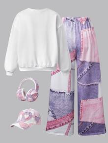 SHEIN Genkimix Kids 青少年女孩春秋冬季白色圓領愛心印花長袖運動衫與粉色紫色拼接數位印花寬腿褲兩件套 - 白色 - 查看 5