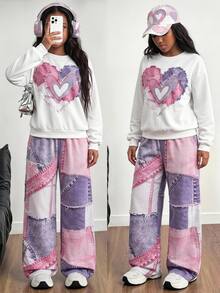 SHEIN Genkimix Kids 青少年女孩春秋冬季白色圓領愛心印花長袖運動衫與粉色紫色拼接數位印花寬腿褲兩件套 - 白色 - 查看 2