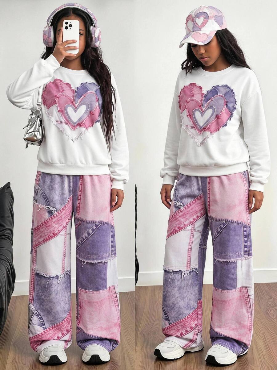 SHEIN Genkimix Kids 青少年女孩春秋冬季白色圓領愛心印花長袖運動衫與粉色紫色拼接數位印花寬腿褲兩件套