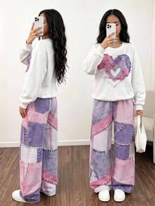 SHEIN Genkimix Kids 青少年女孩春秋冬季白色圓領愛心印花長袖運動衫與粉色紫色拼接數位印花寬腿褲兩件套 - 白色 - 查看 4