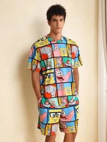 SpongeBob SquarePants | SHEIN Men's Cartoon Print Top & Shorts Loungewear Set - Multicolor - View 4