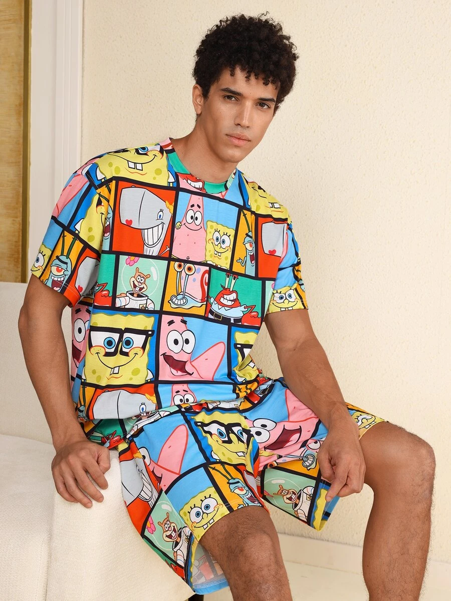 SpongeBob SquarePants | SHEIN Men's Cartoon Print Top & Shorts Loungewear Set - Multicolor - View 1