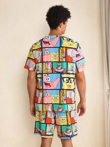 SpongeBob SquarePants | SHEIN Men's Cartoon Print Top & Shorts Loungewear Set - Multicolor - View 2