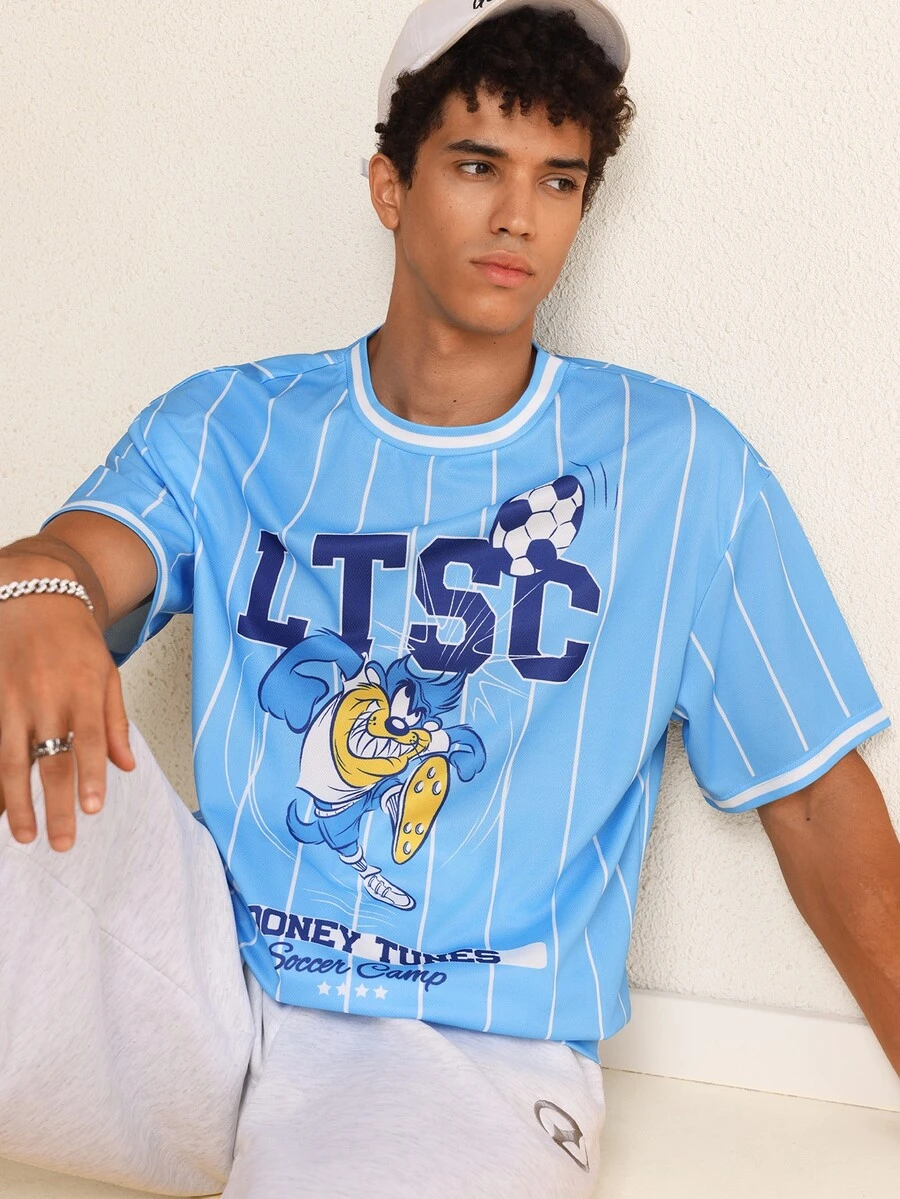 LOONEY TUNES X SHEIN Men's Cartoon Graphic Print Striped Short Sleeve T-Shirt - Blue - View 1
