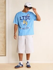 LOONEY TUNES X SHEIN Men's Cartoon Graphic Print Striped Short Sleeve T-Shirt - Blue - View 3