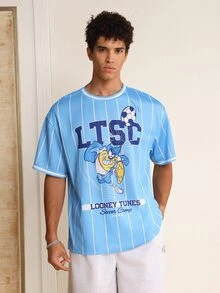 LOONEY TUNES X SHEIN Men's Cartoon Graphic Print Striped Short Sleeve T-Shirt - Blue - View 4