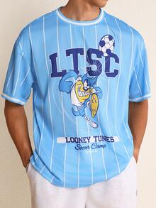 LOONEY TUNES X SHEIN Men's Cartoon Graphic Print Striped Short Sleeve T-Shirt - Blue - View 5