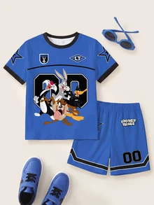 LOONEY TUNES X SHEIN Tween Boy Casual Cartoon Print T-Shirt And Shorts Set, Summer - White - View 1