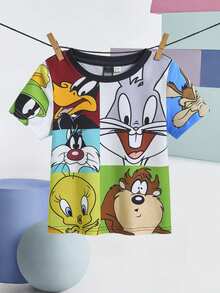 LOONEY TUNES X SHEIN Young Boy Cartoon Rabbit Teddy Print Cute Short Sleeve T-Shirt, Colorblock, Casual - Multicolor - View 2