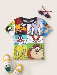 LOONEY TUNES X SHEIN Young Boy Cartoon Rabbit Teddy Print Cute Short Sleeve T-Shirt, Colorblock, Casual - Multicolor - View 1