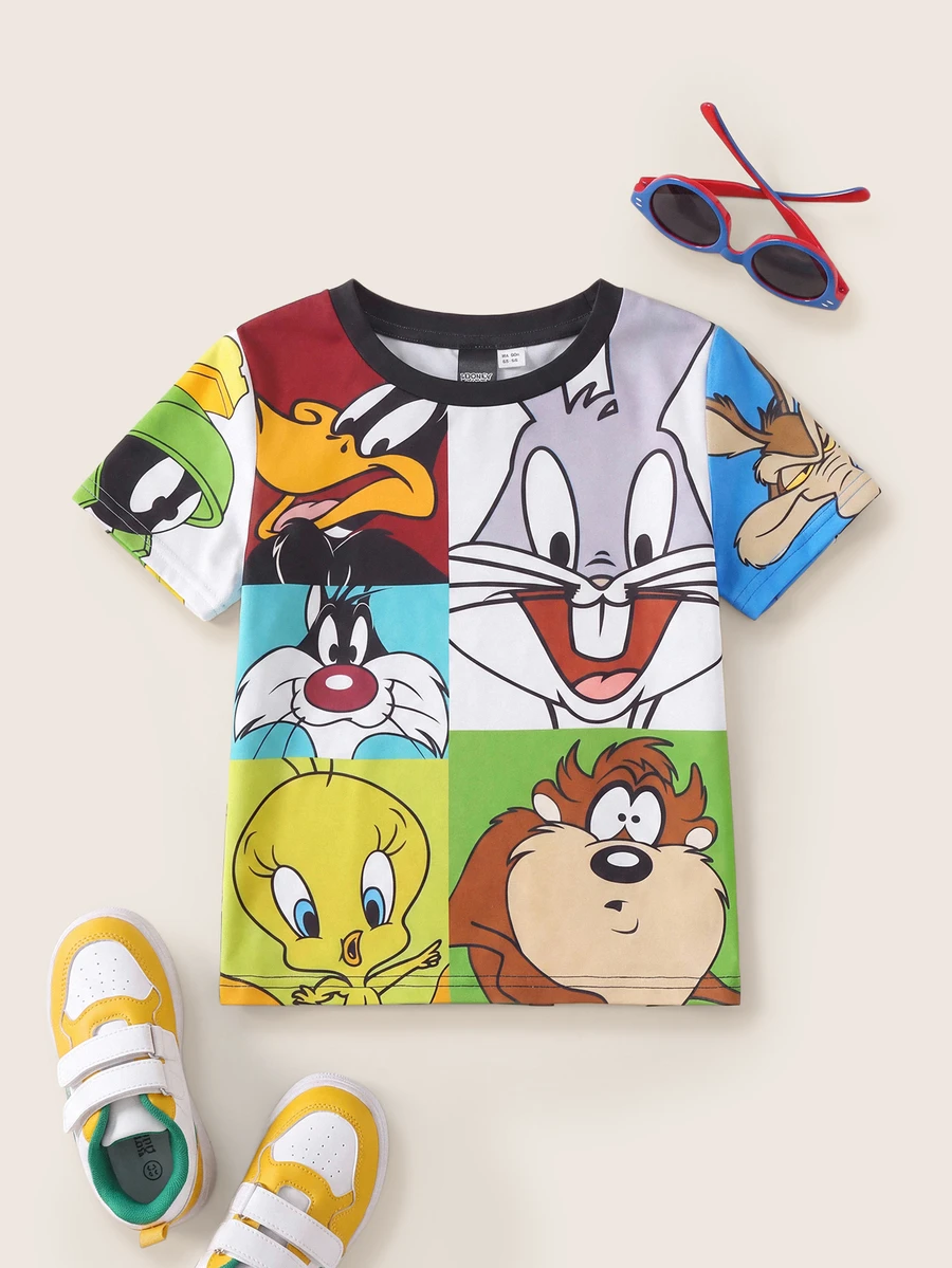 LOONEY TUNES X SHEIN Young Boy Cartoon Rabbit Teddy Print Cute Short Sleeve T-Shirt, Colorblock, Casual - Multicolor - View 1