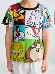 LOONEY TUNES X SHEIN Young Boy Cartoon Rabbit Teddy Print Cute Short Sleeve T-Shirt, Colorblock, Casual - Multicolor - View 4