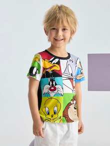LOONEY TUNES X SHEIN Young Boy Cartoon Rabbit Teddy Print Cute Short Sleeve T-Shirt, Colorblock, Casual - Multicolor - View 5
