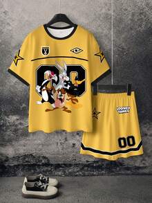 LOONEY TUNES X SHEIN Tween Boy Cartoon Print Round Neck Short Sleeve T-Shirt And Shorts Casual Daily Outfit - White - View 2