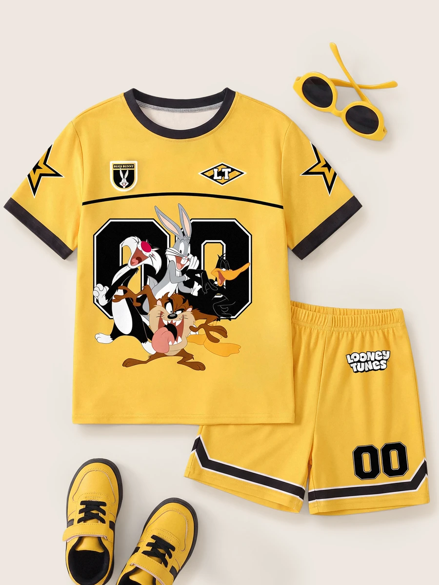 LOONEY TUNES X SHEIN Tween Boy Cartoon Print Round Neck Short Sleeve T-Shirt And Shorts Casual Daily Outfit - White - View 1