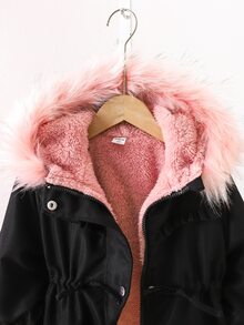 小女孩純色抽繩腰帶保暖內裡連帽加厚外套，冬季 - 黑色 - 查看 8