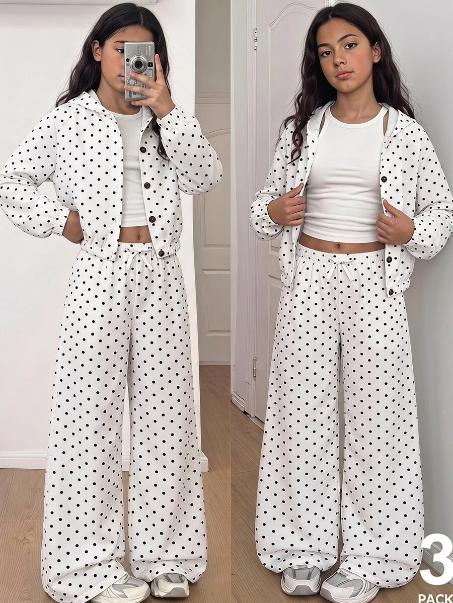 SHEIN 女童 3 件套，波點連帽短外套 + 純色細肩帶背心 + 鬆緊腰寬腿褲，柔軟親膚面料，適合日常穿著、外出、短途旅行，休閒清新風格，寬鬆舒適，方便日常穿搭 - 白色 - 查看 1