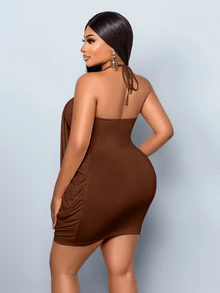 SOLERSUN Plus SizeWomen's Summer Y2K Elegant & Sexy Draped Strapless Halter Mini Dress With Beaded Embellishments - Ideal For Island Vacations, Dates, Honeymoons, Elegant Parties, Festive Occasions, Wedding Guest Attire, And Birthdays - Brown - View 7