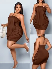 SOLERSUN Plus SizeWomen's Summer Y2K Elegant & Sexy Draped Strapless Halter Mini Dress With Beaded Embellishments - Ideal For Island Vacations, Dates, Honeymoons, Elegant Parties, Festive Occasions, Wedding Guest Attire, And Birthdays - Brown - View 3