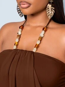 SOLERSUN Plus SizeWomen's Summer Y2K Elegant & Sexy Draped Strapless Halter Mini Dress With Beaded Embellishments - Ideal For Island Vacations, Dates, Honeymoons, Elegant Parties, Festive Occasions, Wedding Guest Attire, And Birthdays - Brown - View 9