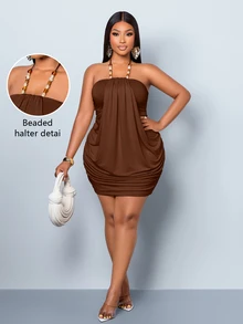 SOLERSUN Plus SizeWomen's Summer Y2K Elegant & Sexy Draped Strapless Halter Mini Dress With Beaded Embellishments - Ideal For Island Vacations, Dates, Honeymoons, Elegant Parties, Festive Occasions, Wedding Guest Attire, And Birthdays - Brown - View 4