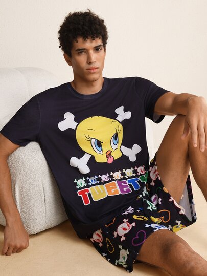LOONEY TUNES X SHEIN メンズファッション カートゥーンプリント クルーネック トップス&ショーツ ルームウェアセット