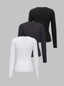 Flirla Women's Solid Color Round Neck Long Sleeve Fitted T-Shirt, Spring & Summer Fall Cloth For Women - Multicolor - View 2