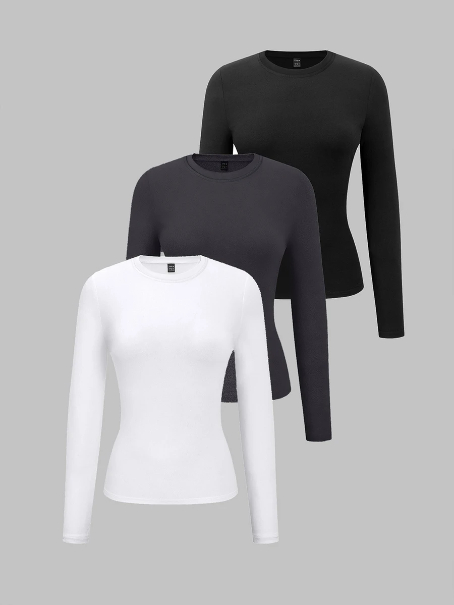 Flirla Women's Solid Color Round Neck Long Sleeve Fitted T-Shirt, Spring & Summer Fall Cloth For Women - Multicolor - View 1