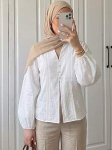 Elenzga Kemeja Wanita Lengan Panjang Kancing Warna Polos untuk Perjalanan dan Beraktivitas Sehari-hari - Putih - View 6