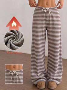 SHEIN EZwear 女款棕色時尚抽繩腰休閒針織運動長褲居家冬季款 - 摩卡棕 - 查看 3