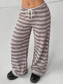 SHEIN EZwear 女款棕色時尚抽繩腰休閒針織運動長褲居家冬季款 - 摩卡棕 - 查看 12