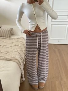 SHEIN EZwear 女款棕色時尚抽繩腰休閒針織運動長褲居家冬季款 - 摩卡棕 - 查看 7