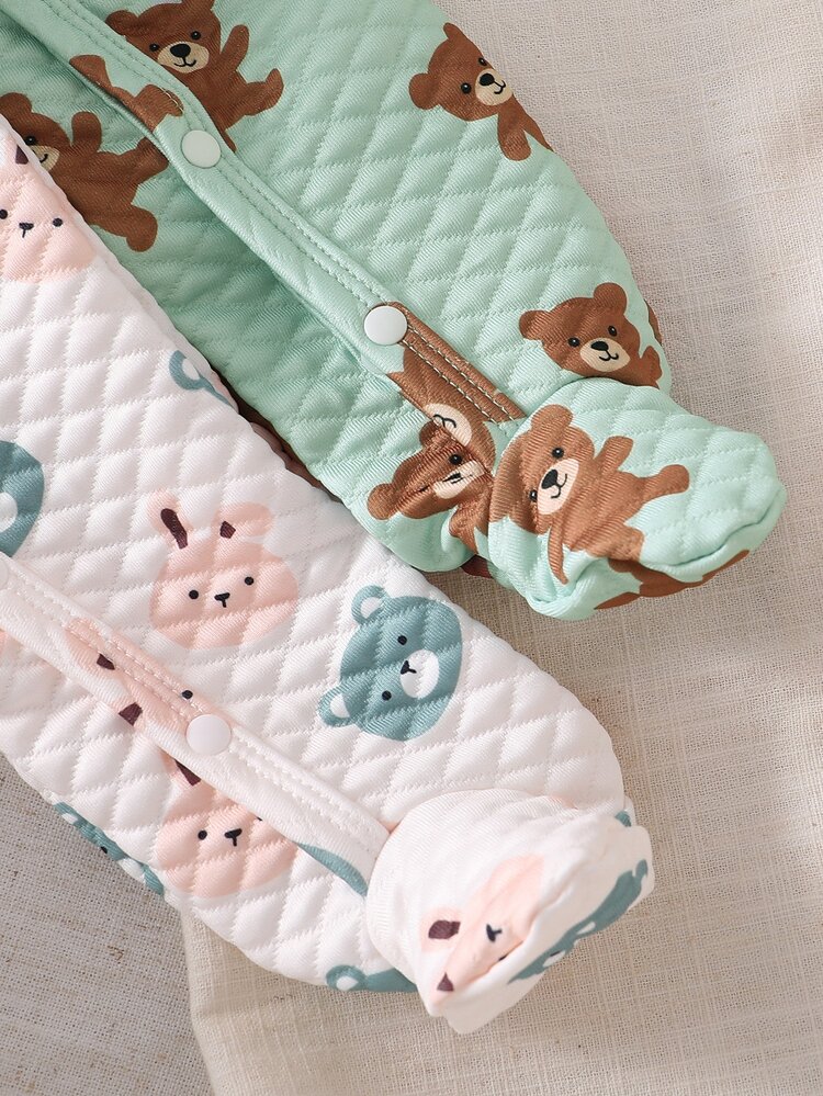 2pcs Newborn Comfortable Soft Warm Cute Fashionable Jacquard Fabric Bean Green Bear & Rabbit All-Over Print Round Neck Long Sleeve Footed Button-Up Romper - Multicolor - View 8